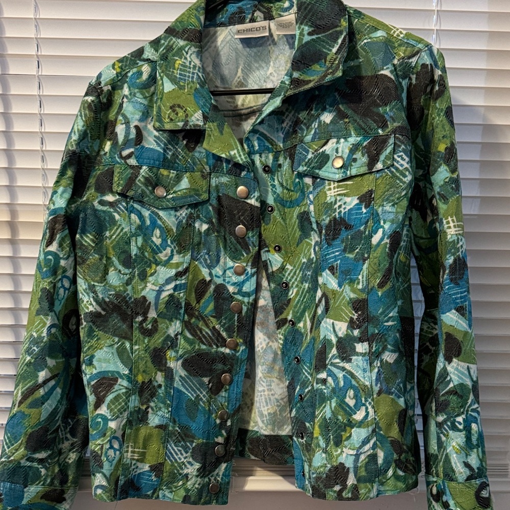 Chico's Green & Blue Print Denim Jacket